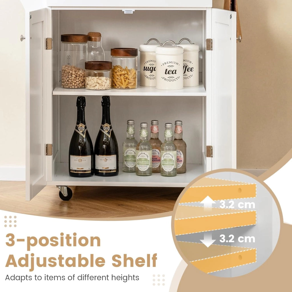 Carrello Portavivande con Cassetto, Portaspezie e Portasciugamani, Carrello Cucina con Ruote, Isola con Ripiano Regolabile per Sala da Pranzo, 83 x 48 x 91 cm, Bianco