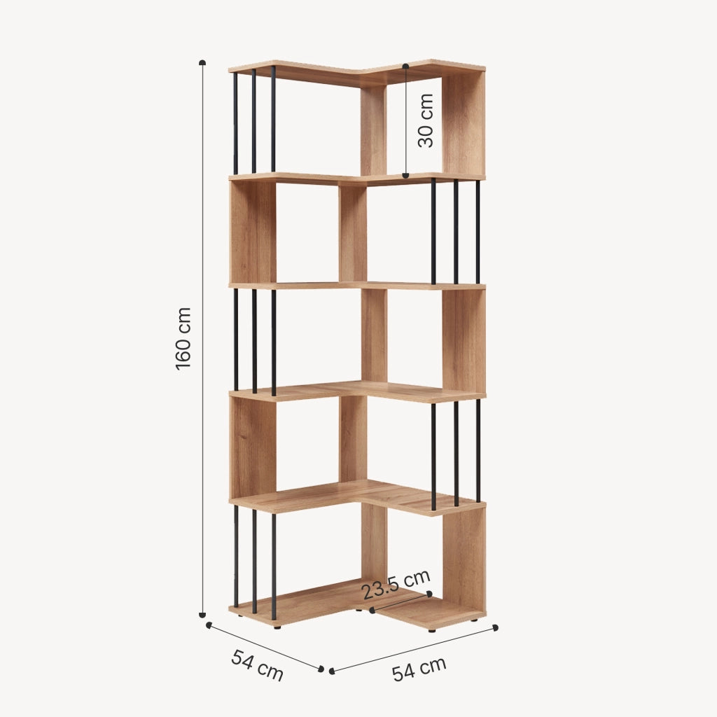 Scaffale Angolare Afrel con 5 Ripiani Aperti 160 x 54 x 54 cm - Effetto Rovere [en.casa]