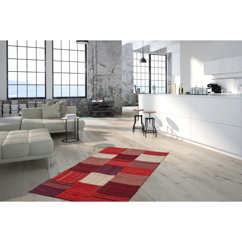 Tappeto Kilim Intenso 220 in Lana e Cotone Patchwork Rosso