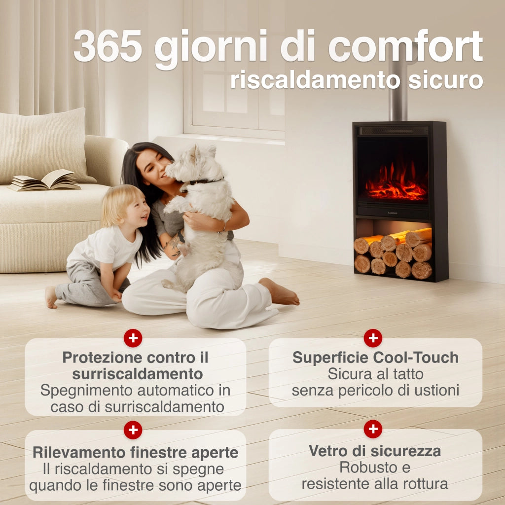 KAMINIO Camino elettrico HUGO con tubo del camino - Stufa elettrica riscaldamento, fiamma 3D, luce ambiente, scomparto de legno, telecomando - Nero