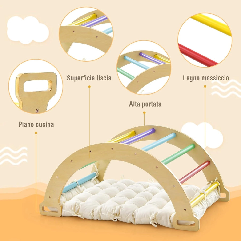 Arco da Arrampicata per Bambini, 2 in 1 Altalena ad Arco in Legno con Cuscino Morbido, Doppia Faccia, Ideale per Bambini 1+ Anni (Colorato)