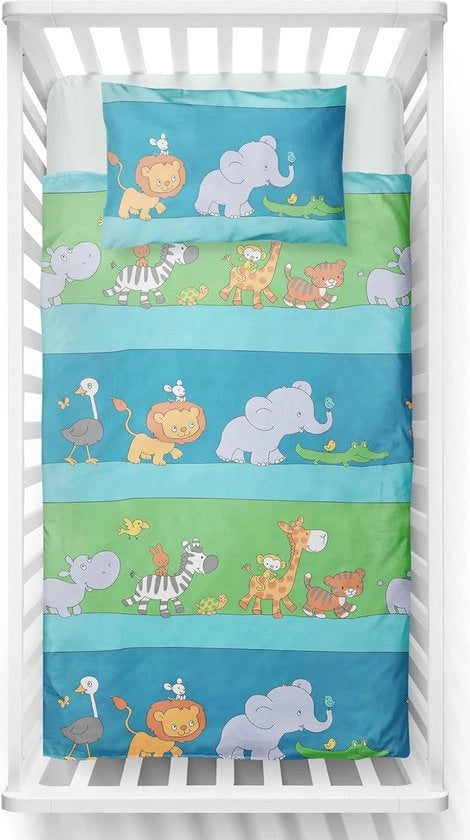 Tappeto per letto 100 x 135 cm, animaletti divertenti, set di lenzuola per lettino per bambini, con cuscino 40 x 60 cm, 100% cotone