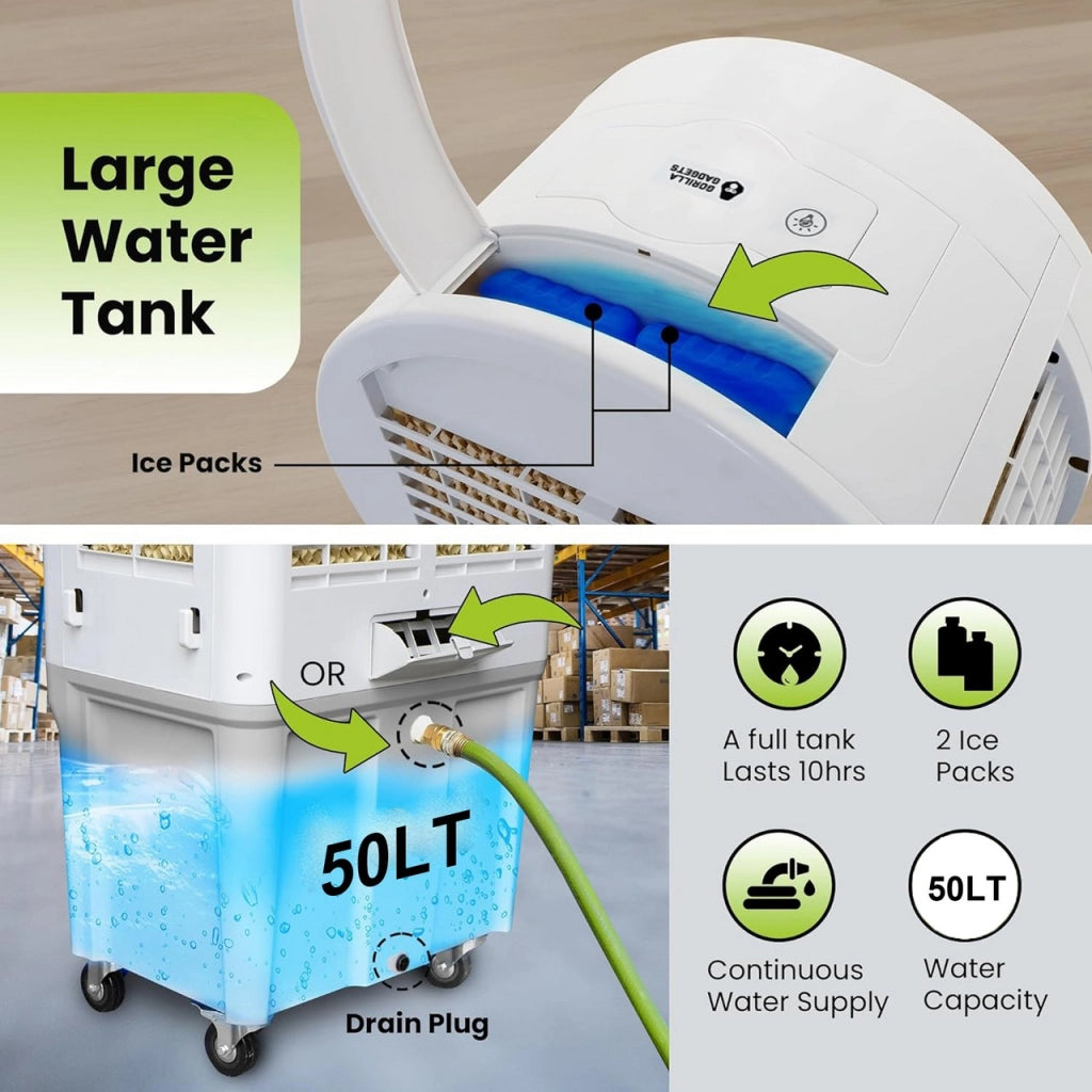 Ventilatore Raffrescatore d’Aria Evaporativo 150W – Tanica 50L con Collegamento Diretto Acqua, LED RGB, Timer e Telecomando, Ideale per Capannoni, Ristoranti, Eventi