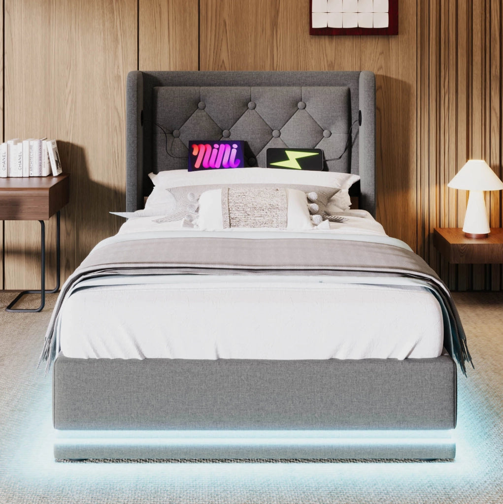 Letto imbottito singolo ULEVR 90x200 cm con contenitore idraulico, LED, USB e Type-C, cotone grigio