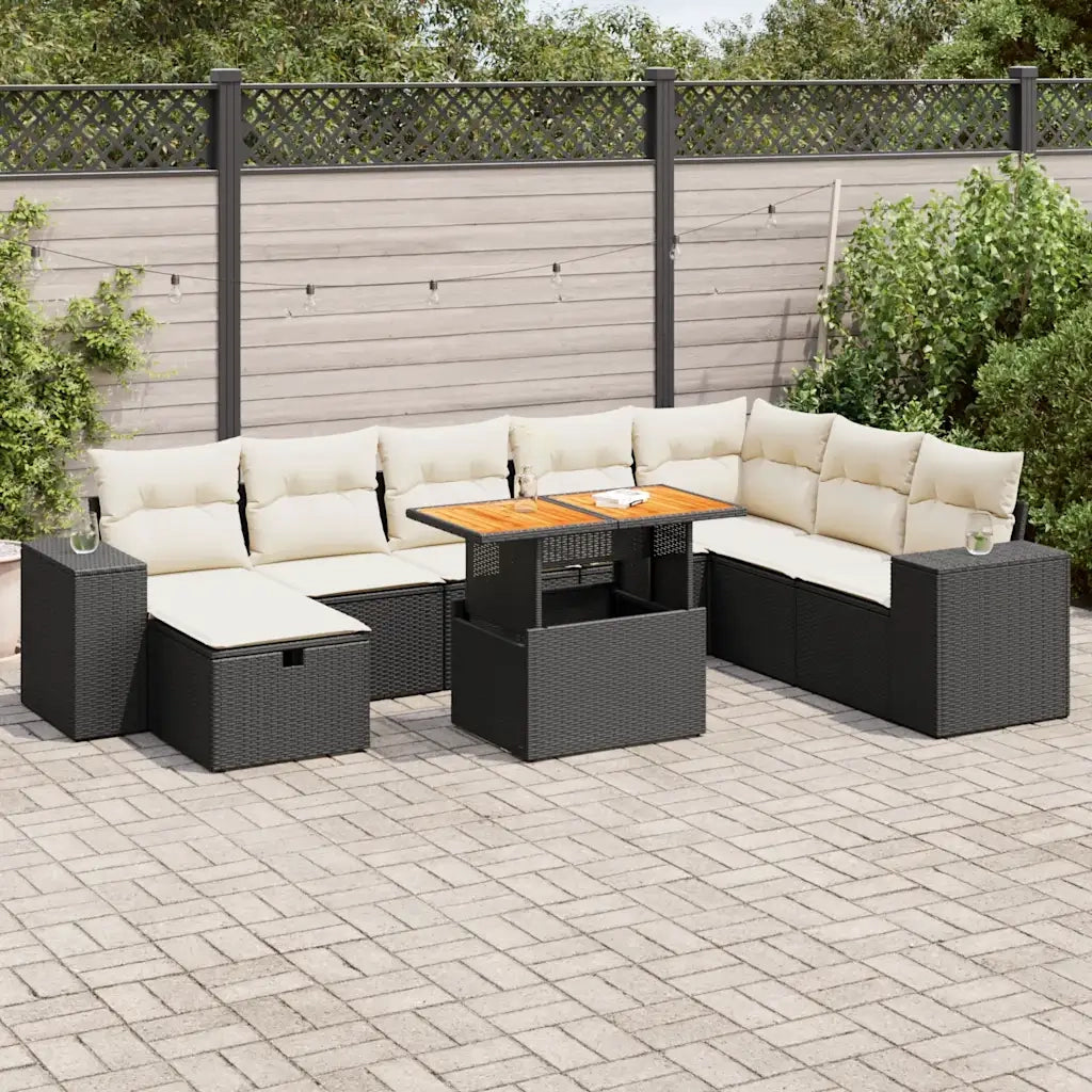 Set Divani da Giardino 9 pz con Cuscini Nero Polyrattan Acacia 3328099