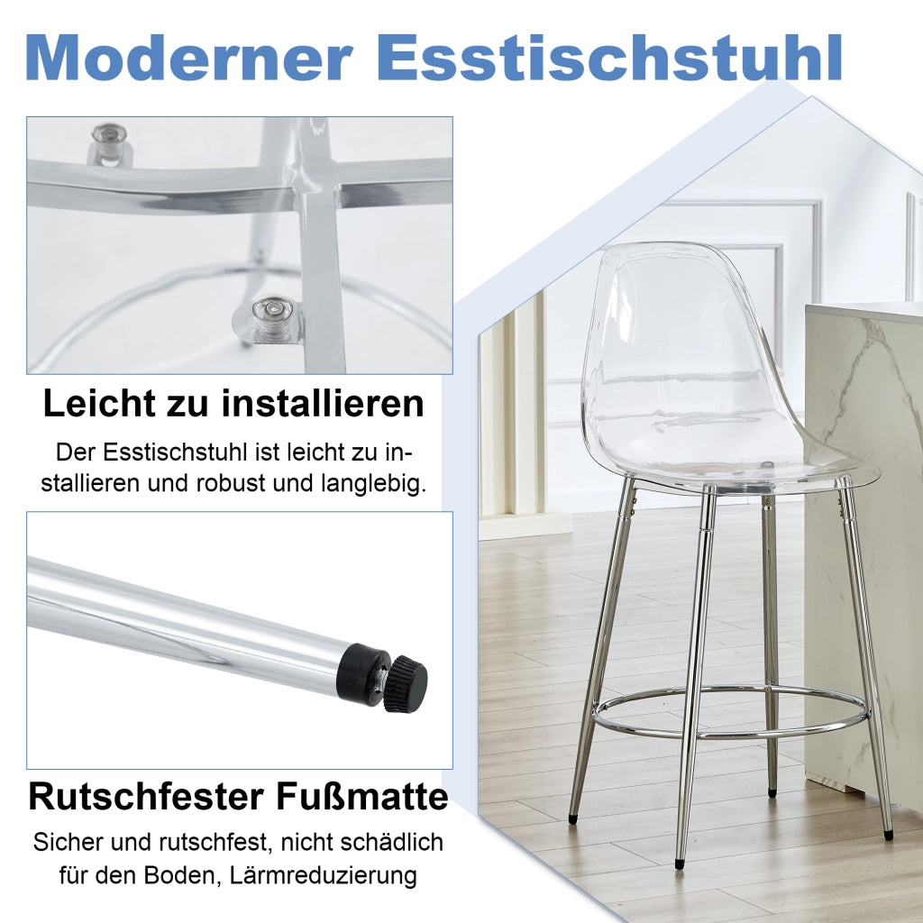 Sgabello da bar trasparente set di 2 con schienale ergonomico e struttura in metallo, effetto leggero argento