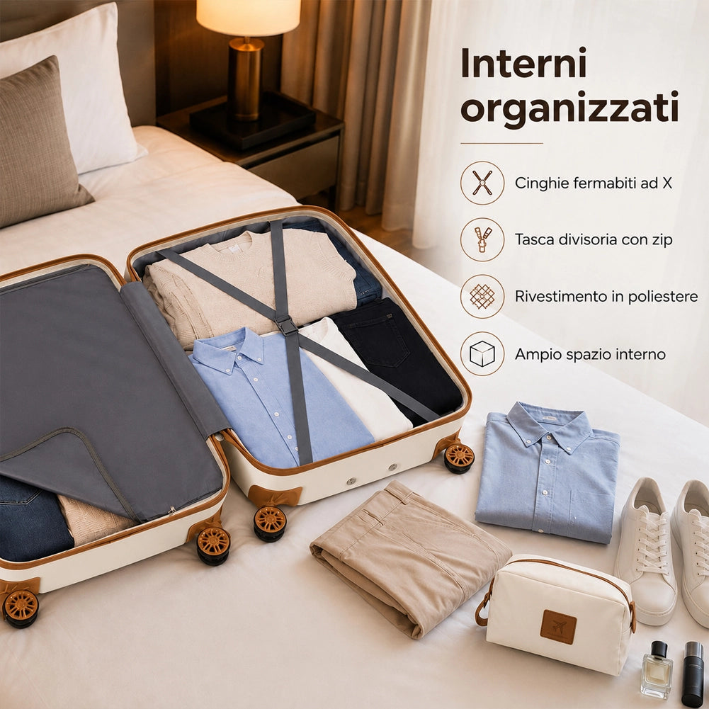 Set 6 Pezzi Valigie Rigide Family in ABS Beauty Case Beige e Marrone 55/66/75 cm
