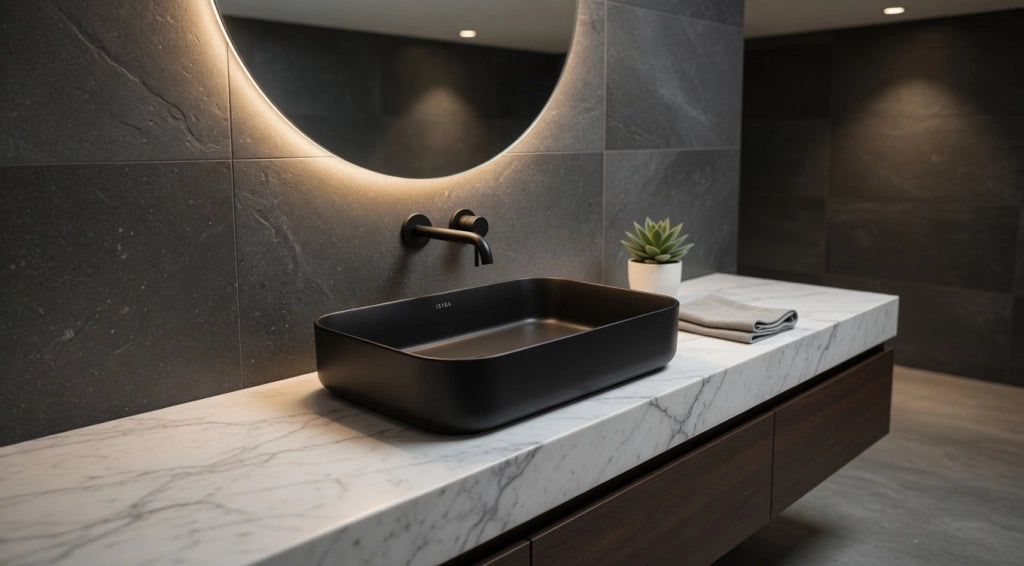 Lavabo rettangolare da appoggio senza troppo pieno in ceramica senza foro rubinetto - Nero Opaco