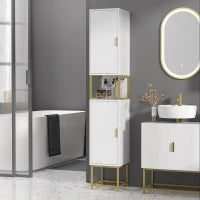 kleankin Colonna Bagno con 2 Armadietti e Ripiano in MDF e Acciaio, 30x30x170.7cm, Bianco e Oro