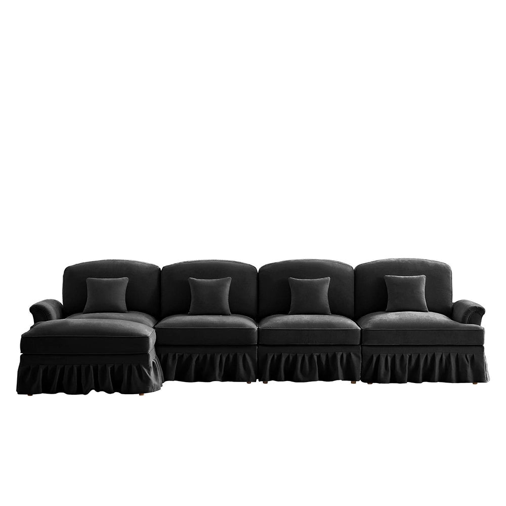 Divano modulare a L - Xylo - 4 posti, chenille, stile classico, nero