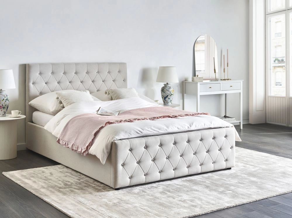 Letto matrimoniale imbottito in poliestere beige con testata imbottita con pouf 140 x 200 cm testiera doppia trapuntata