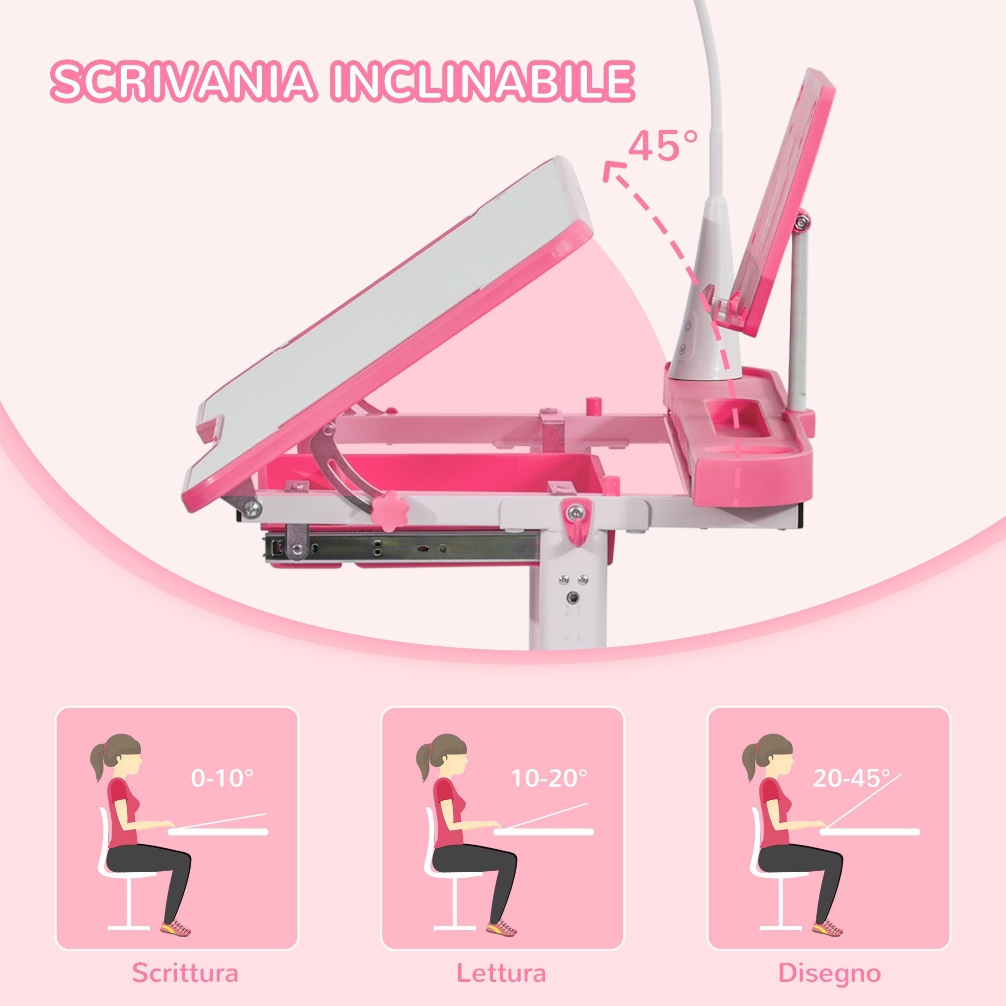 Banco Scuola per Bambini Piano Inclinabile con Luce e Sedia Regolabile Rosa