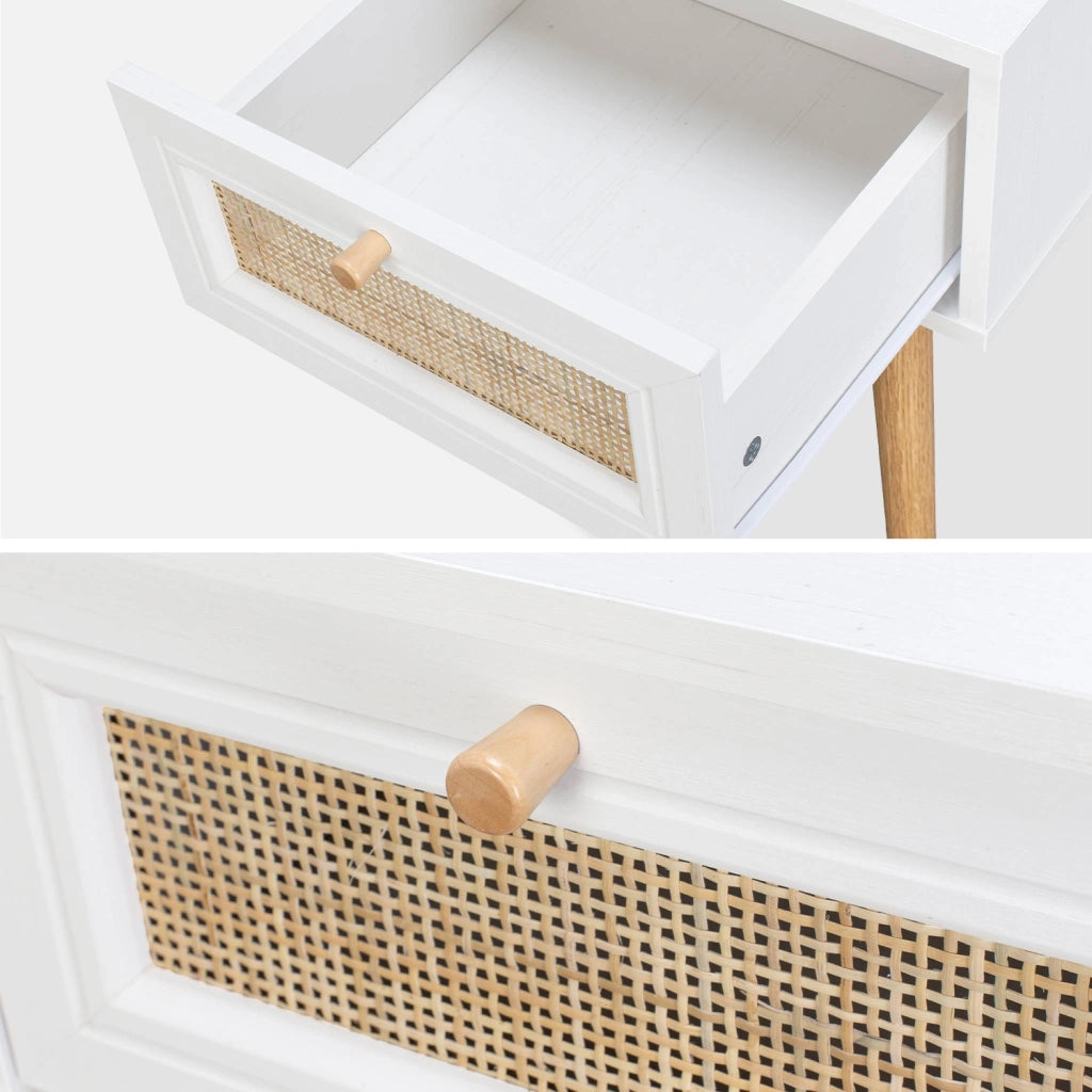 Set 2 comodini effetto legno e cannage, bianco sporco