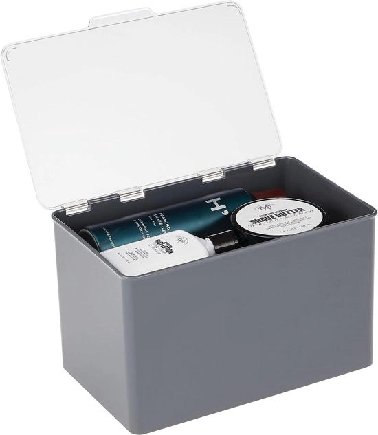 Cassetta di archiviazione con coperchio per cucina, soggiorno, studio - cassetta a scorrimento in plastica BPA gratuita - cassetta compatta di plastica per articoli domestici - grigio scuro e trasparente