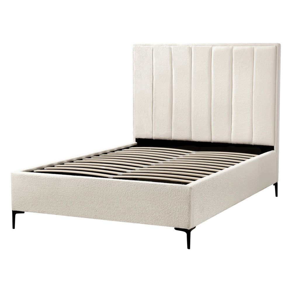 Letto Matrimoniale con Contenitore in tessuto bouclè bianco sporco 140 x 200 cm gambe in metallo Nero