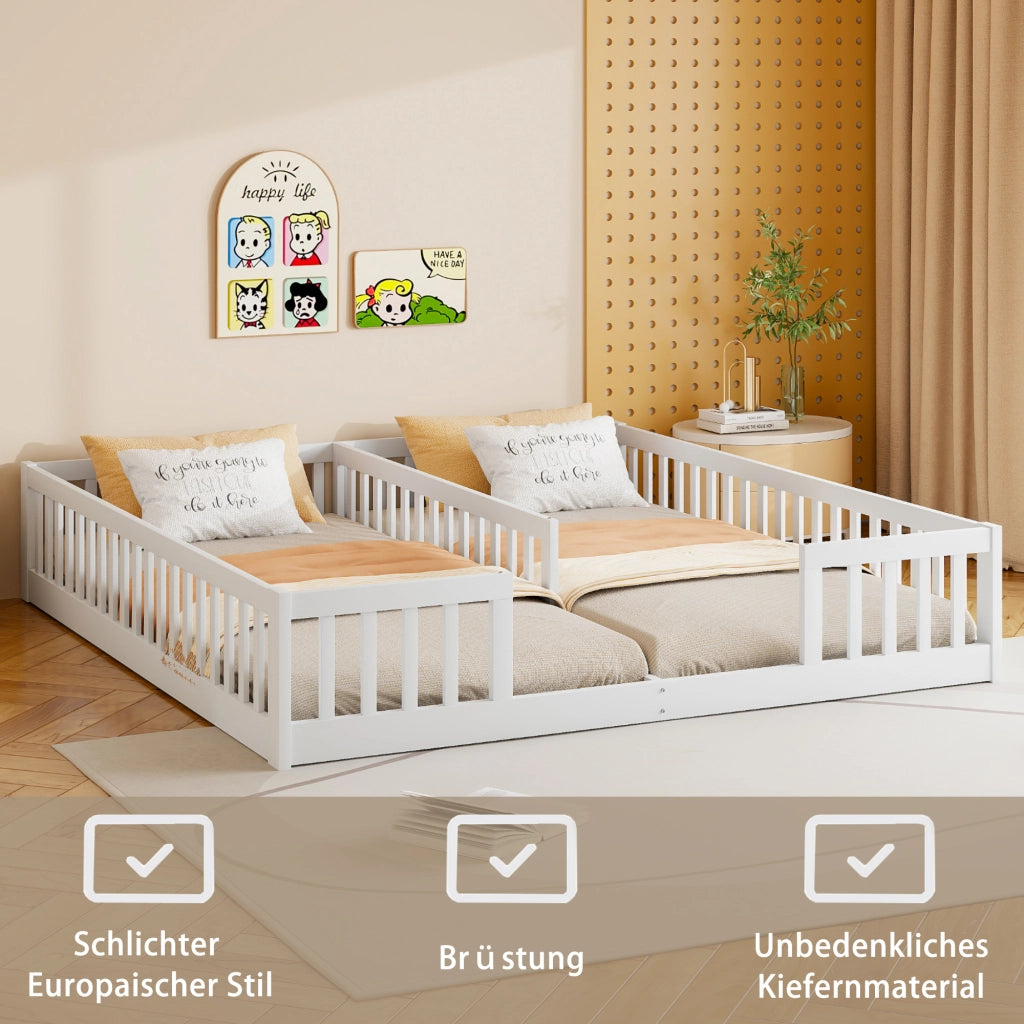 OKWISH Letto Bambino 90×200 cm, Letto Singolo con Spondine, 2 Posti letto a Pavimento e Rete, senza Materasso, in Pino, Bianco