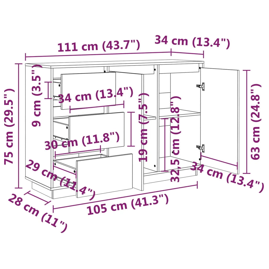 Credenza Bianca 111x34x75 cm in Legno Massello di Pino 813805