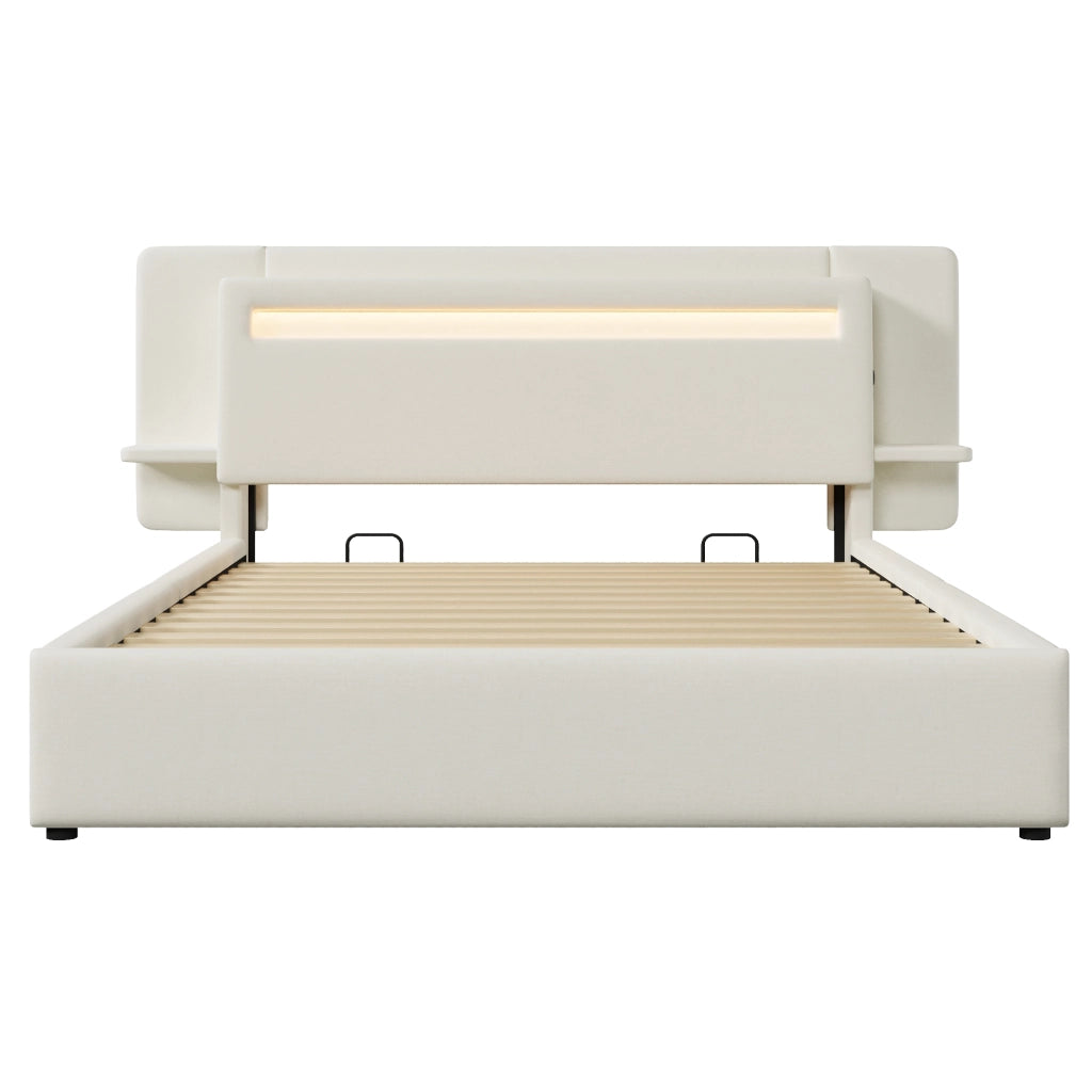Letto imbottito 140x200 cm beige con contenitore idraulico; LED multicolore e comodino integrato