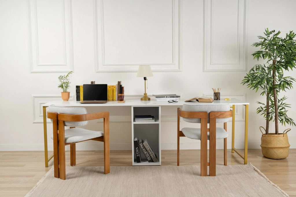 Scrivania Violet, Scrittoio multiuso, Tavolo per ufficio porta PC, Piano di lavoro, 240x60 h74 cm, Bianco e Oro