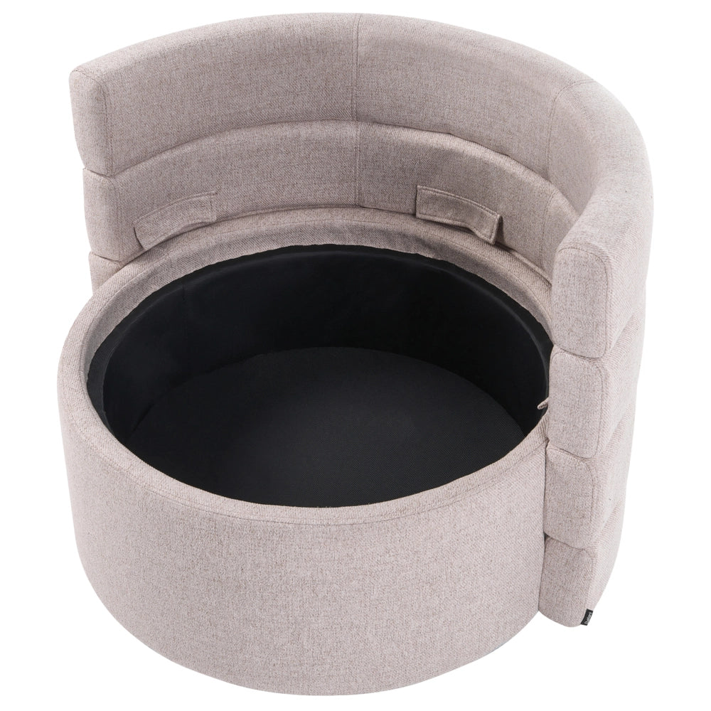 Poltrona in tessuto con schienale curvo base girevole a 360° con contenitore cuscini decorativi beige stile retrò angolo lettura