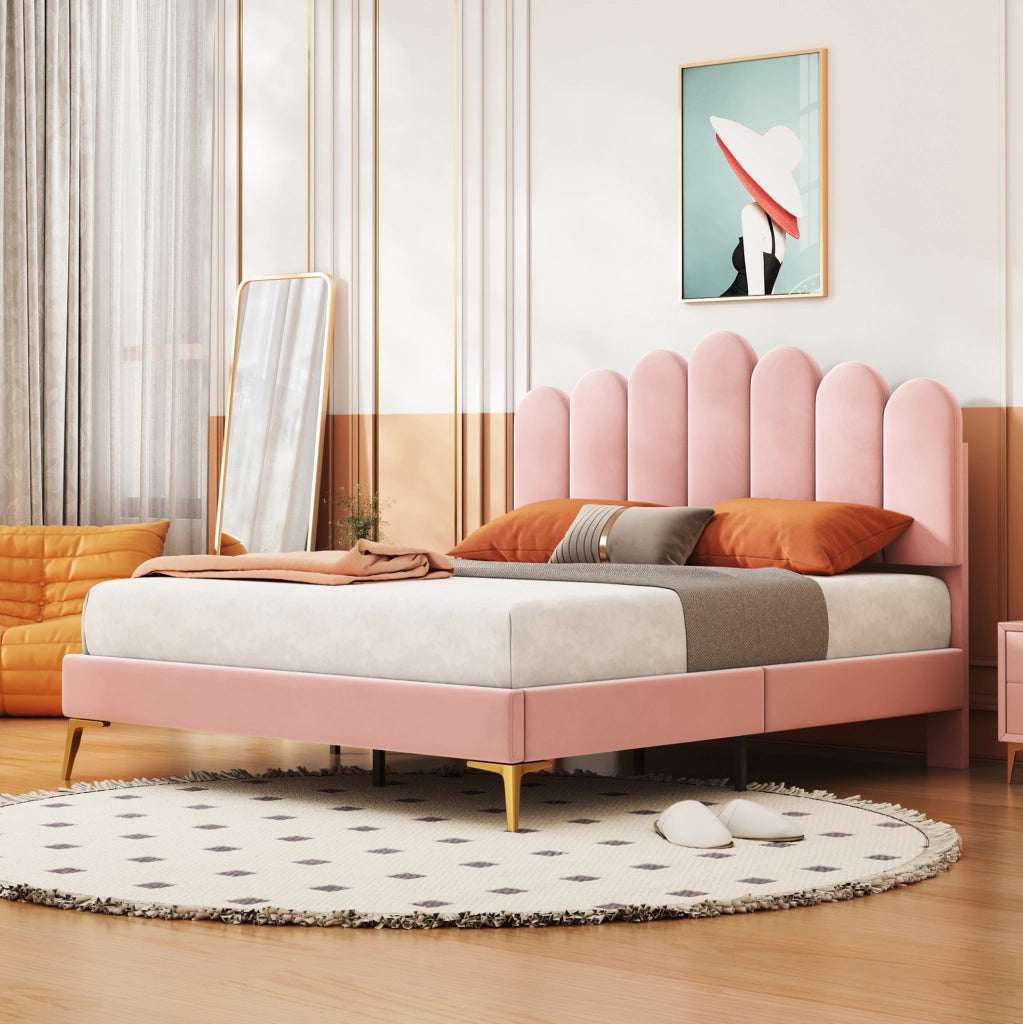 Letto matrimoniale imbottito 140x200 cm in velluto rosa con testiera regolabile