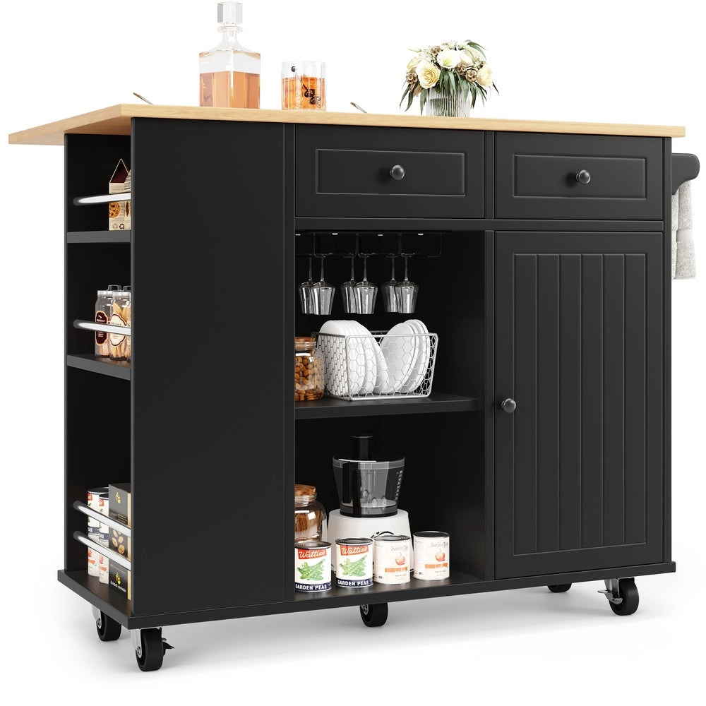 Isola Cucina con Ripiani e Portabottiglie ¨C Xylo ¨C Nero, Piano in Legno