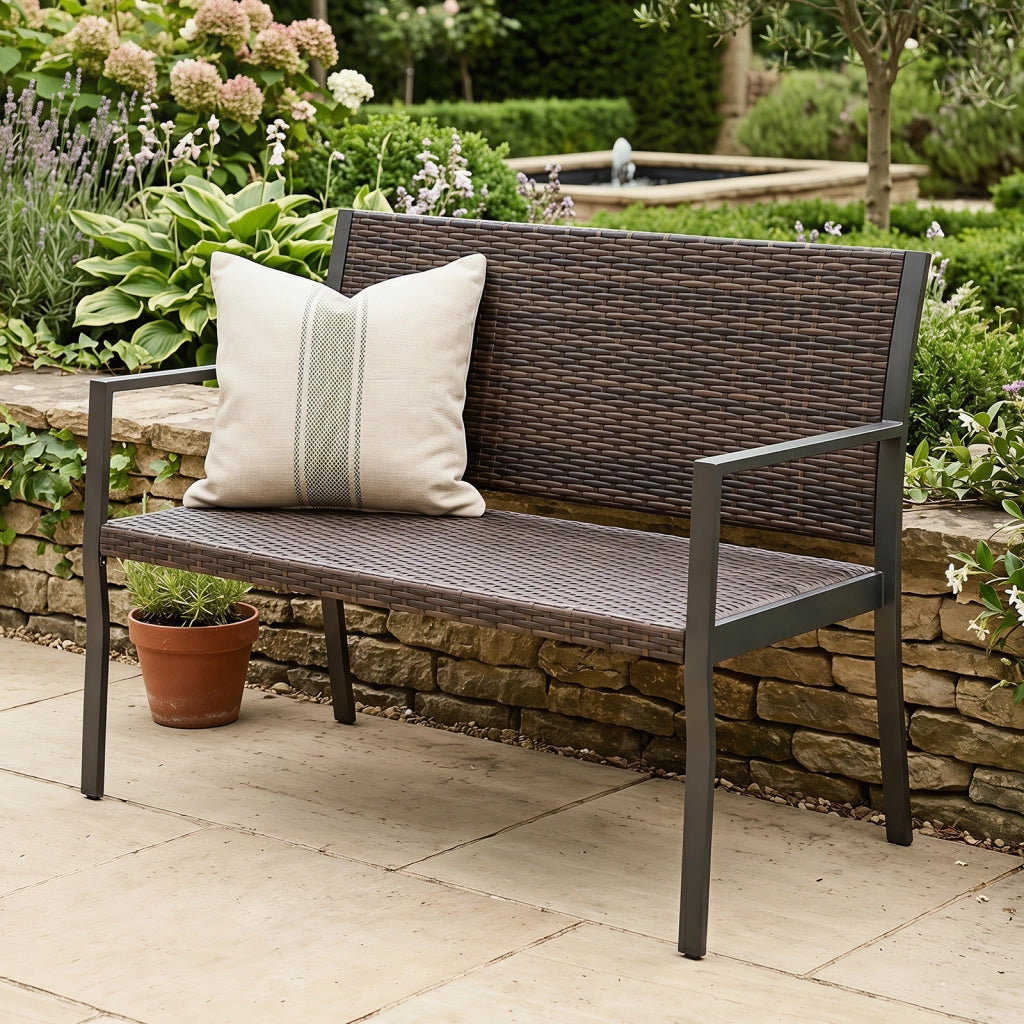Panchina da giardino in rattan con braccioli e schienale ergonomici, Panca da esterno 2 posti per terrazza e balcone Marrone