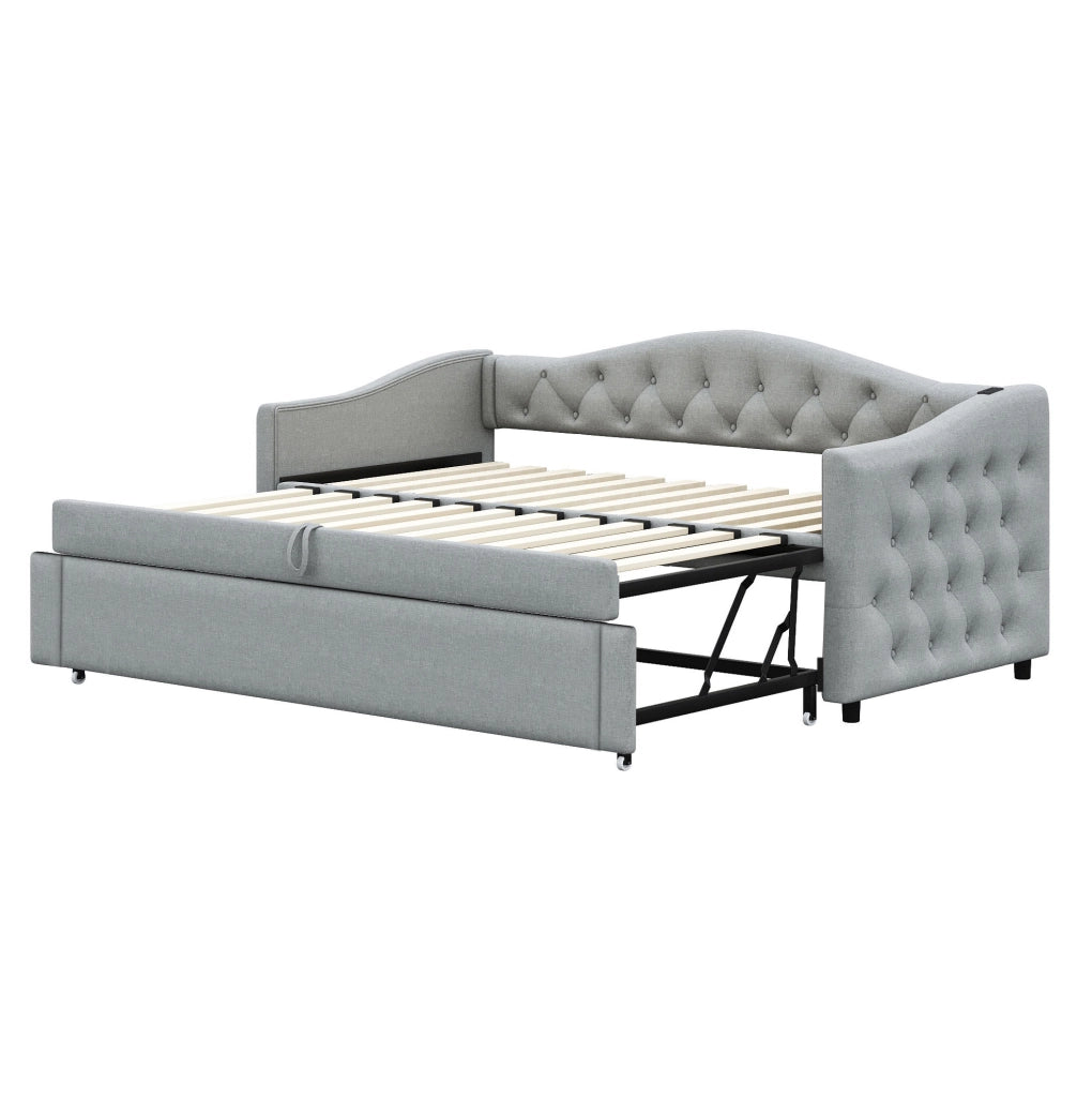 Letto imbottito 90x200 cm multifunzionale con USB in lino grigio