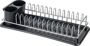Afdruiprek compatta per servizio - contenitore per gocce e cassetta per posate - piccole cucine - telaio metallico verniciato - 40 × 10 × 18 cm - nero/argento