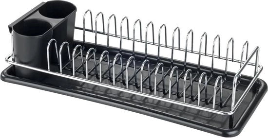 Afdruiprek compatta per servizio - contenitore per gocce e cassetta per posate - piccole cucine - telaio metallico verniciato - 40 × 10 × 18 cm - nero/argento