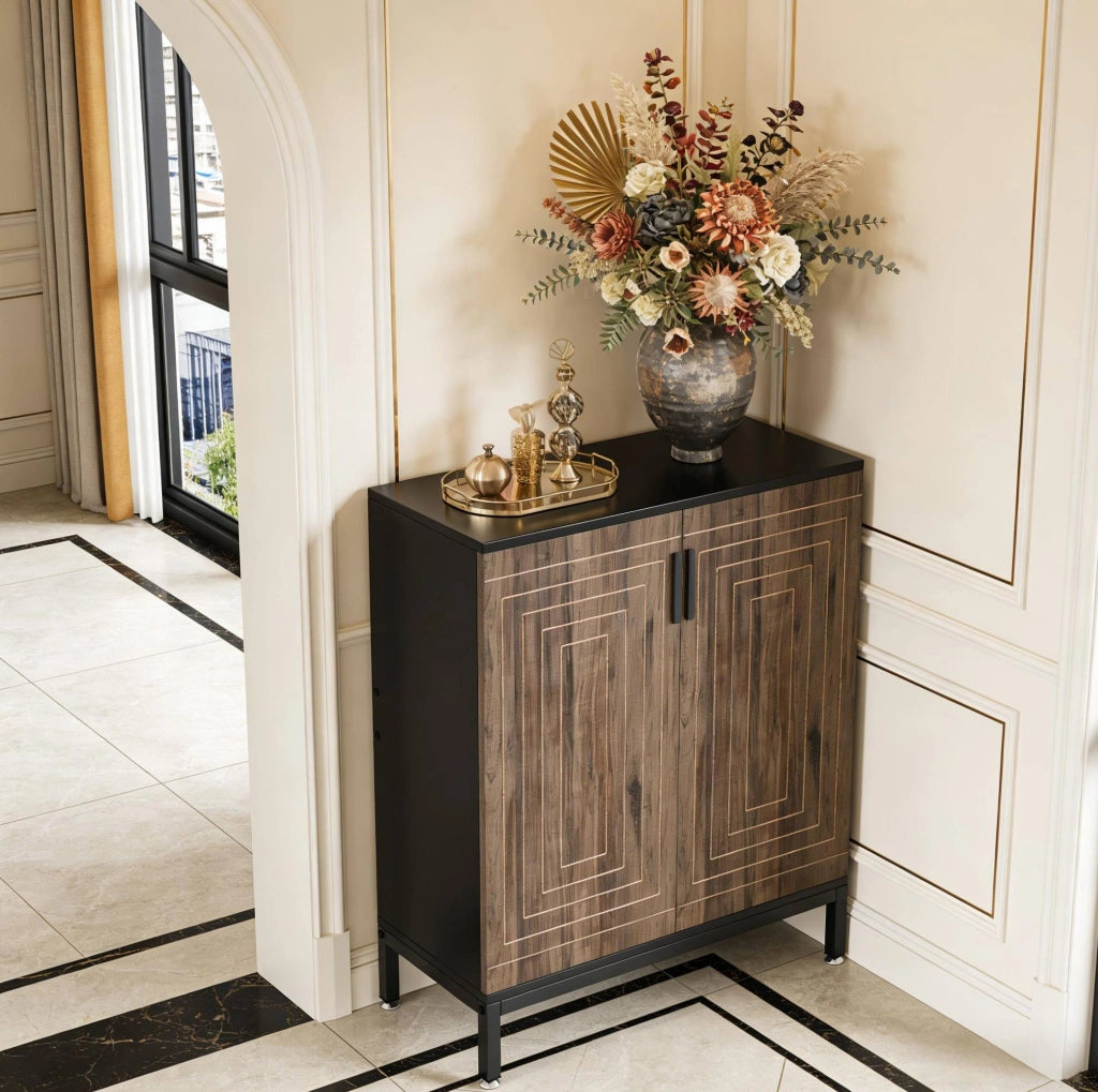 Scarpiera freestanding a 2 ante con 5 ripiani, MDF e metallo, 80 x 38 x 95 cm