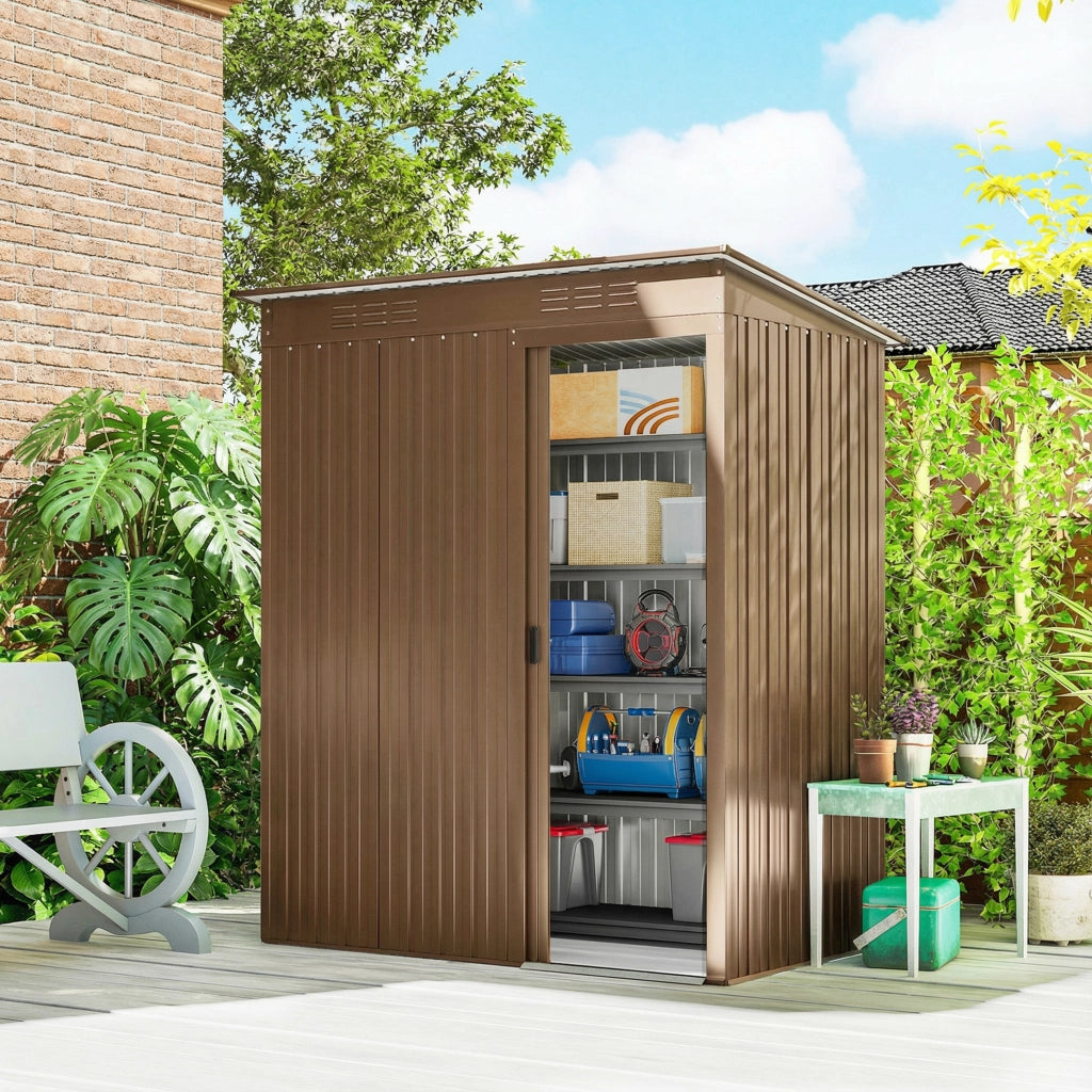 Casetta da Giardino 159x106x181 cm con Prese d'Aria e Porta Scorrevole in Metallo Marrone