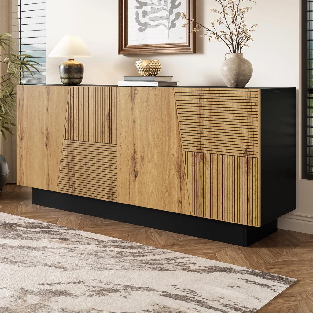 Credenza moderna con ampio spazio contenitore e ripiano regolabile in pannello truciolare nero e legno 160 × 40 × 72 cm