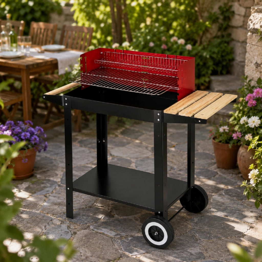 Barbecue Con Griglia Regolabile Accessori Inclusi Ripiano Laterale Mensola Inferiore Ruote Integrate E Griglia Scaldavivande 86 x 40.5 x 81 Cm Nero