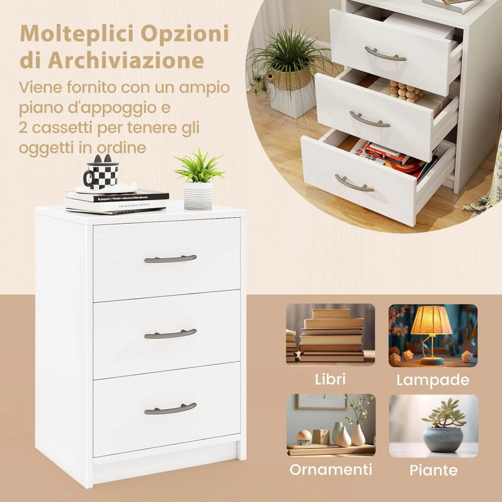 Comodino Camera da Letto con 3 Cassetti, Comodino Salvaspazio in Legno, Comodino Mobile da Letto con Kit Antiribaltamento, per Soggiorno e Studio, 38,5 x 28 x 54 cm (Bianco, 3 Cassetti)