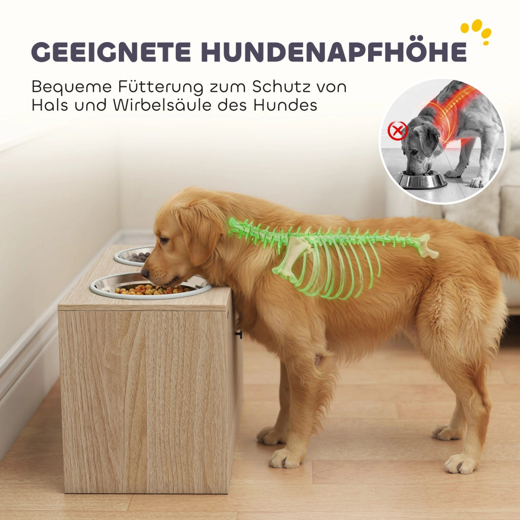Mobile portaciotole per cani con 2 ciotole in acciaio e contenitore ¨C Xylo ¨C legno