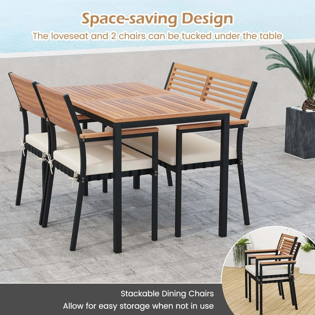 Tavolo da Giardino con 2 Sedie e Panca con Foro per Ombrellone e Cuscino Morbid, Set Pranzo da Giardino Ergonomico in Legno di Acacia, Design Impilabile, Set Salotto per Esterno da Balcone