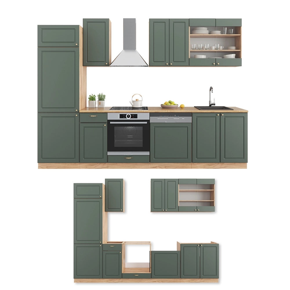 Cucina componibile Fame-Line Verde-oro rustico/Rovere dorato 300 cm senza piano di lavoro Vicco