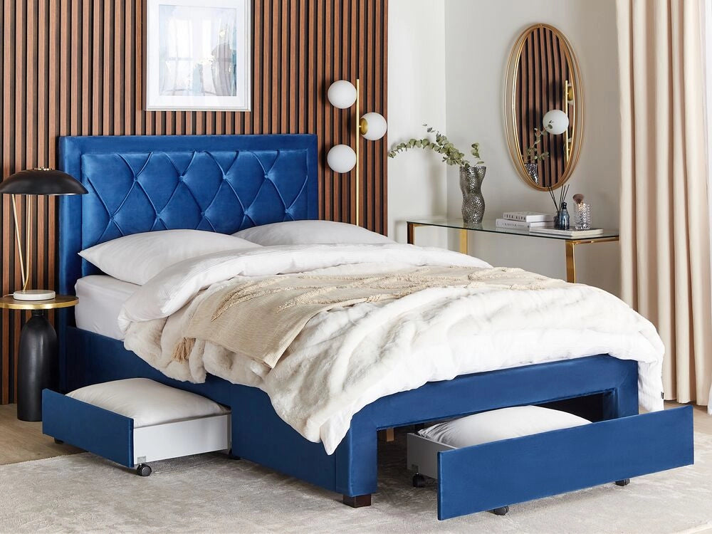 Letto contenitore tappezzeria in velluto blu 140 x 200 cm trapuntato testiera alta cassetti Glam Design
