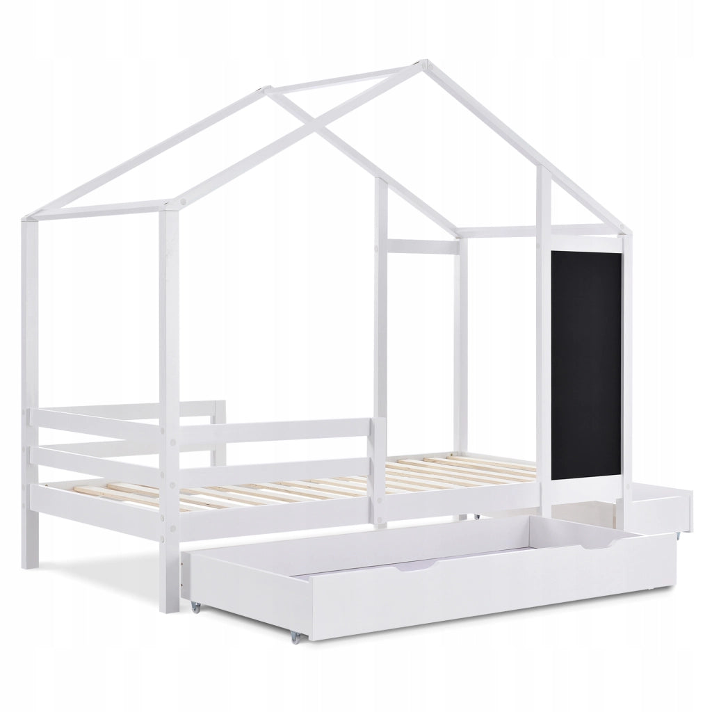 Letto singolo per bambini 90x200 - Xylo - Con lavagna e 2 cassetti, bianco senza materasso
