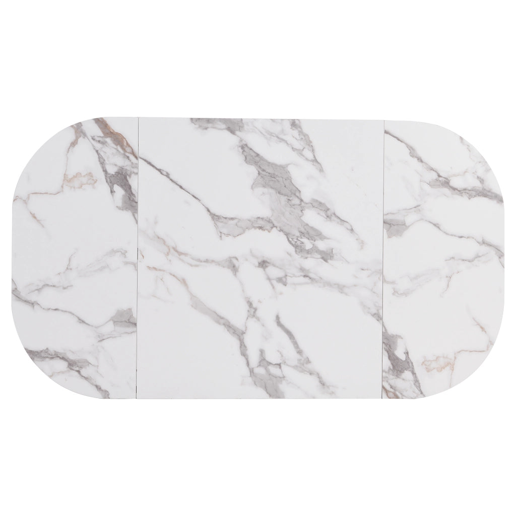Set da pranzo con tavolo bianco e 6 sedie imbottite, struttura nera e stile moderno