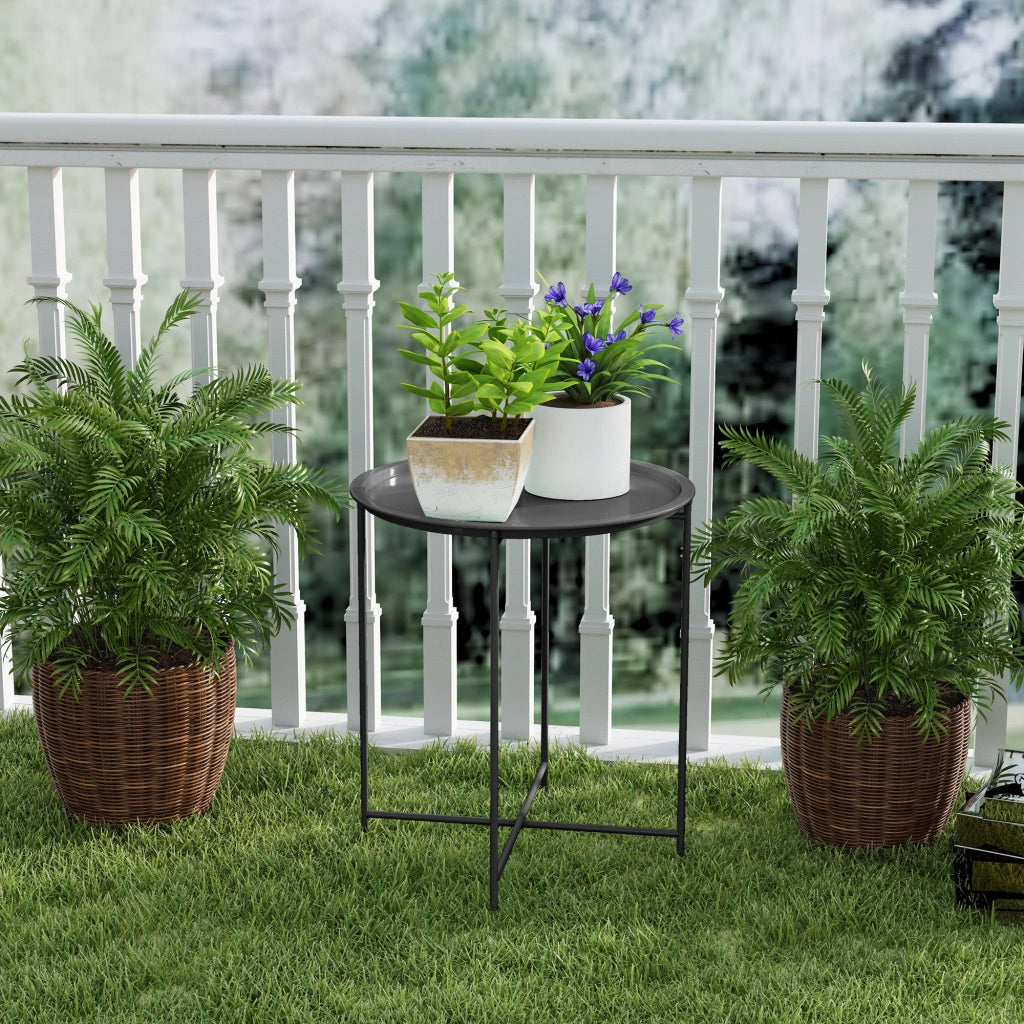 Tavolino da Giardino Pieghevole con Vassoio Rimovibile Ø46x50 cm in Acciaio Nero