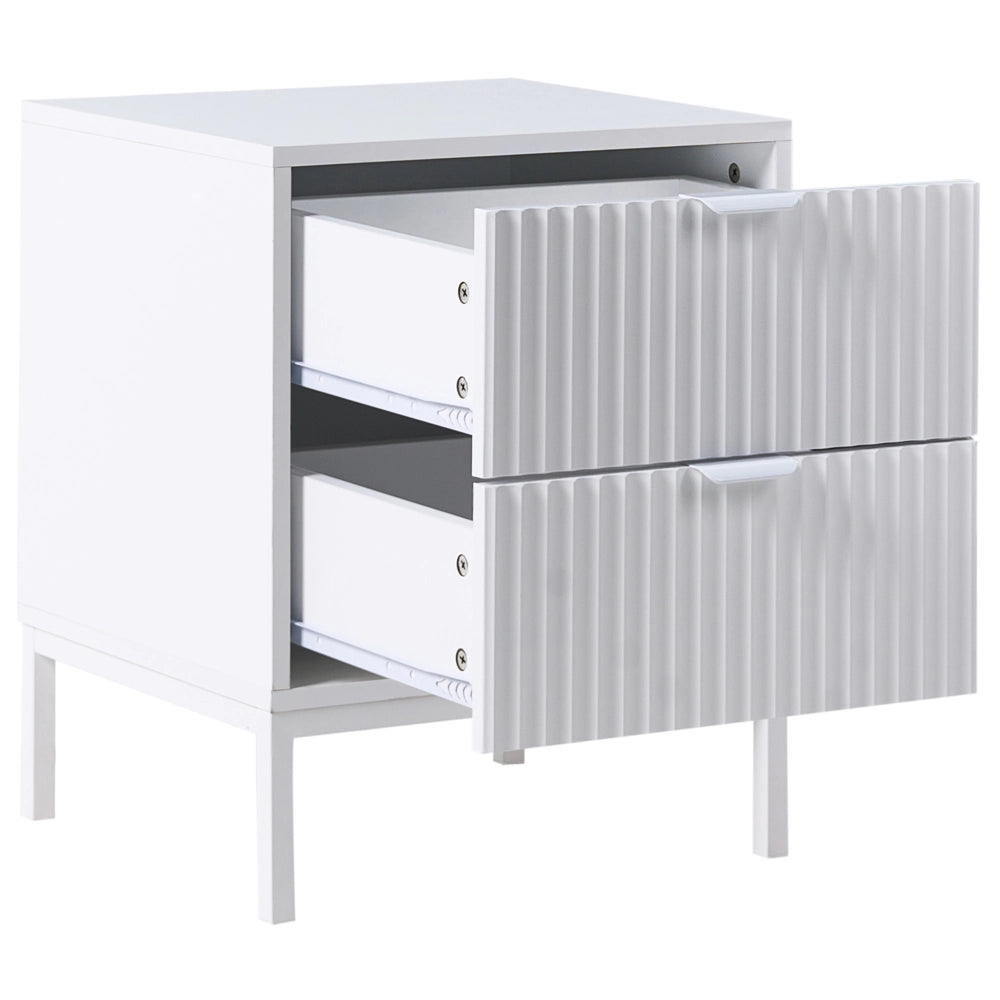 Comodino a 2 cassetti con design scanalato in legno MDF bianco