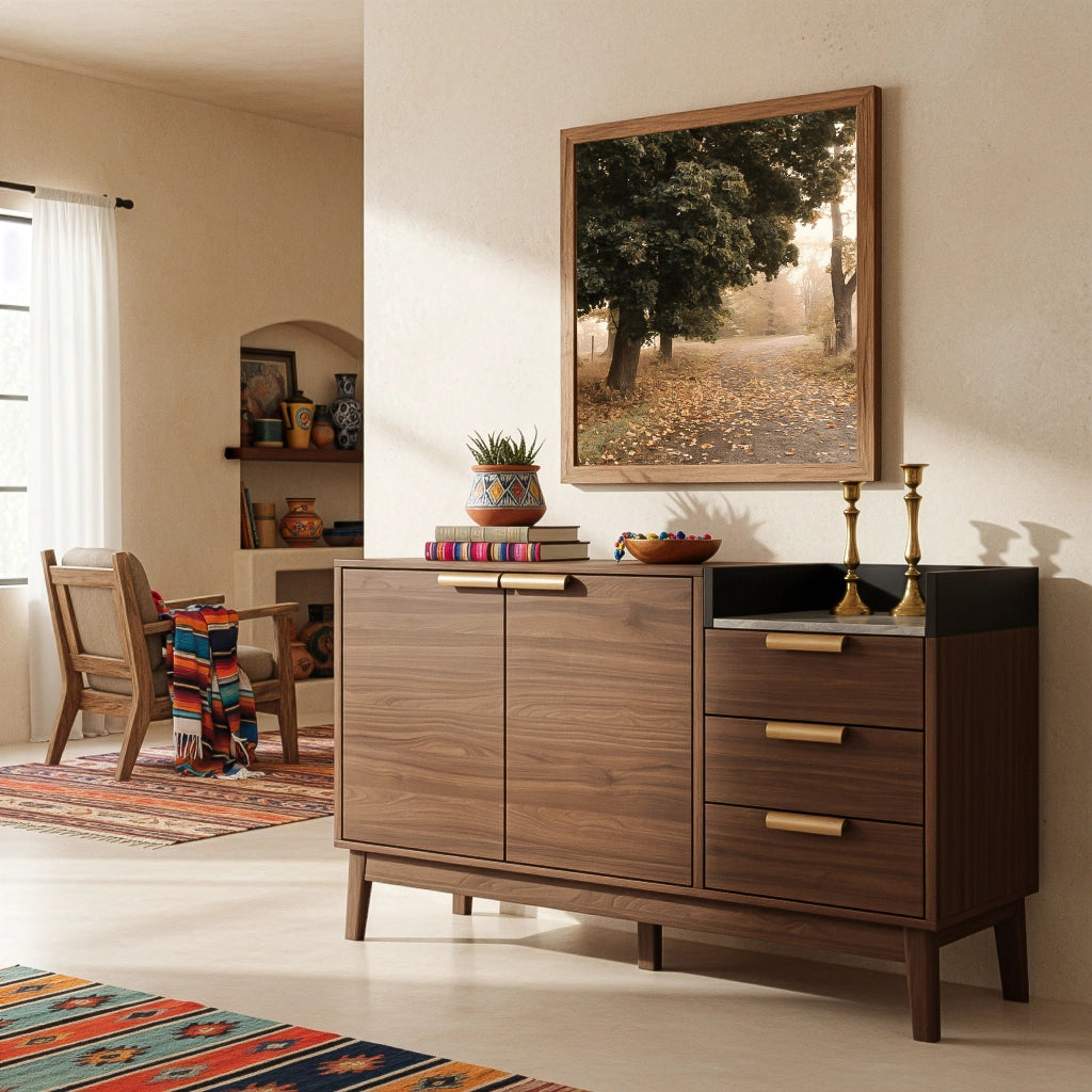 CASSETTIERA 120x40x77 cm in rovere scuro con piano effetto marmo e 3 cassetti