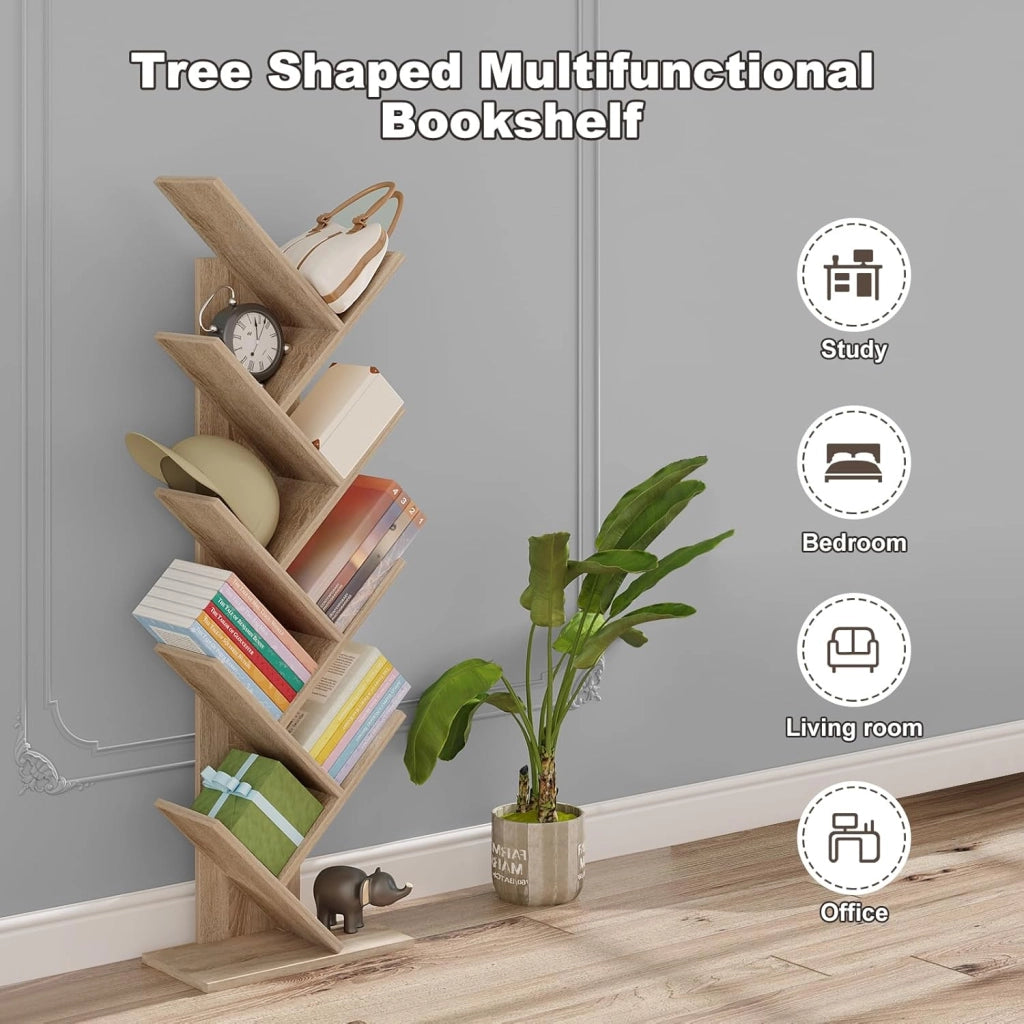 Libreria ad Albero Moderna Scaffale Salvaspazio a 9 Ripiani in Legno Porta Libri per Soggiorno Camera Studio Legno Chiaro, 40x20x127cm