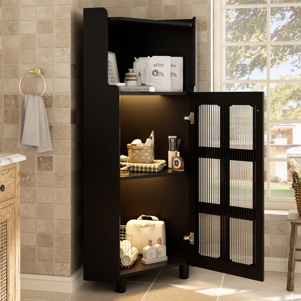 Mobile angolare con LED da app, vano aperto e vetrina a 2 livelli, per soggiorno e bagno, in MDF nero, 63.5 × 124 cm