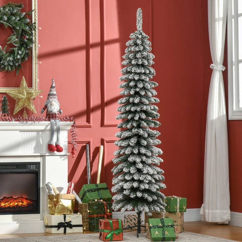 Albero di Natale artificiale, innevato, dal design sottile, ignifugo, 180 cm, verde/bianco