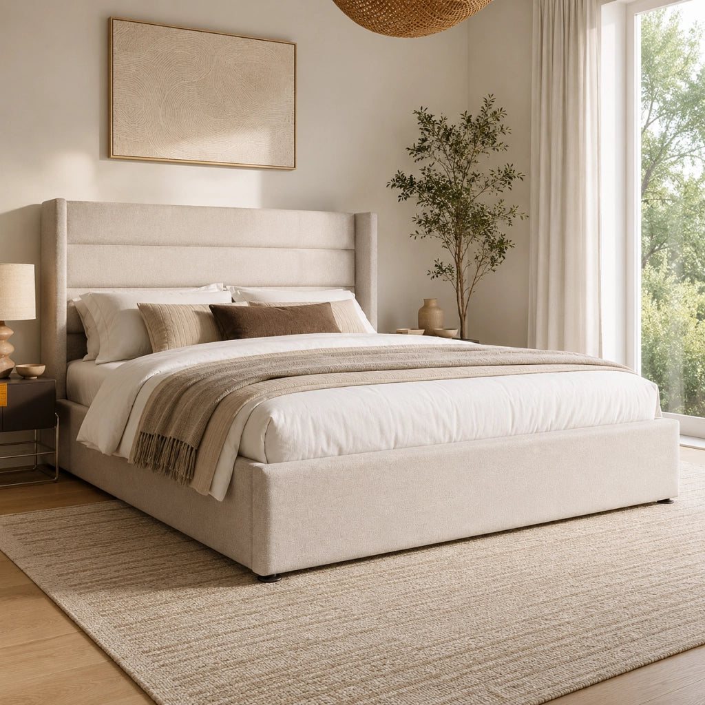 Letto contenitore matrimoniale 160x200 cm, imbottito con vano contenitore e sollevamento idraulico integrato, struttura in legno e metallo, tessuto lino, materasso non incluso, beige