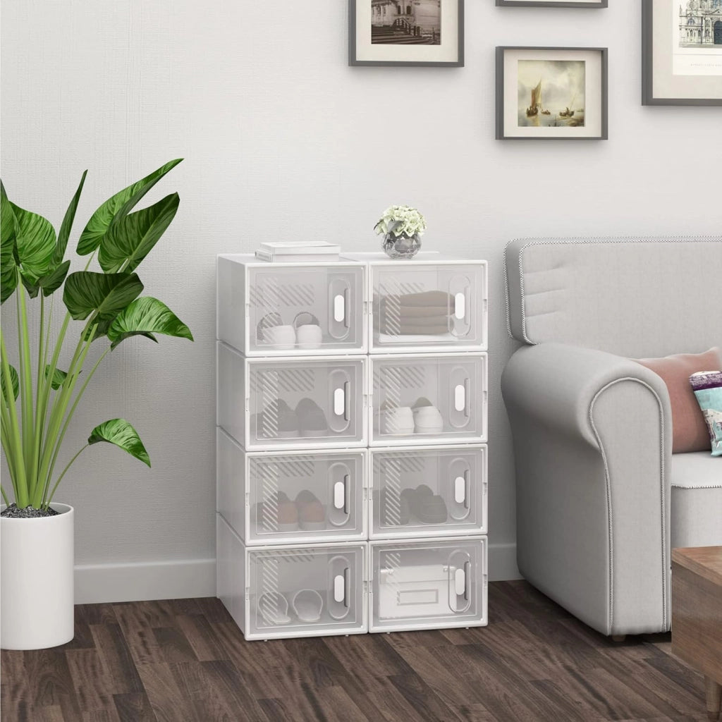 Set di 8 Scatole per Scarpe Contenitore Portascarpe Scarpiera Organizzatore Portaoggetti Impilabile Salvaspazio Coperchio Magnetico Plastica Trasparente Bianco 35x25x19cm