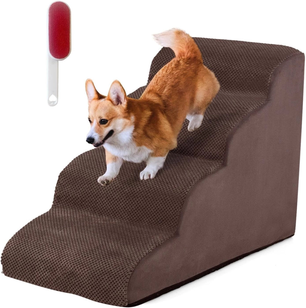 Scaletta per Cani a 4 Gradini in Spugna, Rampa per Animali Copertura Rimovibile e Lavabile Antiscivolo con Spazzola, Scala per Divano e Letto, per Cuccioli e Anziani, 72 x 41 x 51 cm (Marrone)